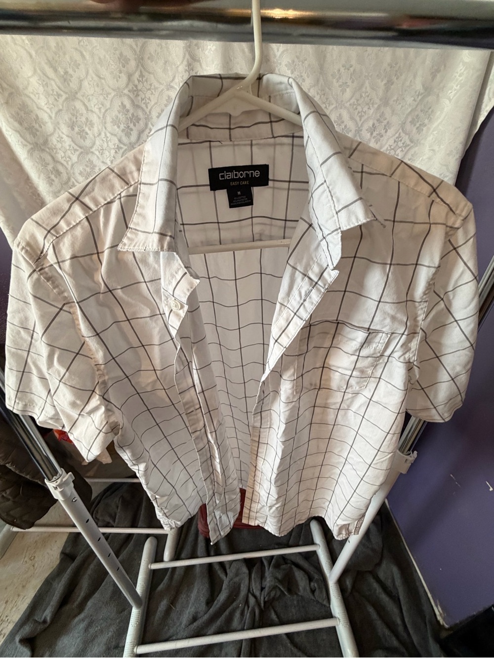 Claiborne White Short-Sleeve Button-Down with Black Windowpane Grid